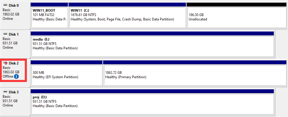 Disk Management after setting target disk to offline